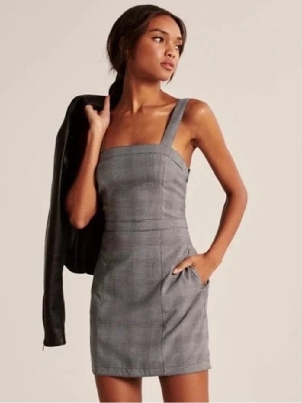 Abercrombie & Fitch Gray Plaid Pinafore Mini Dress L Square Neck Pockets